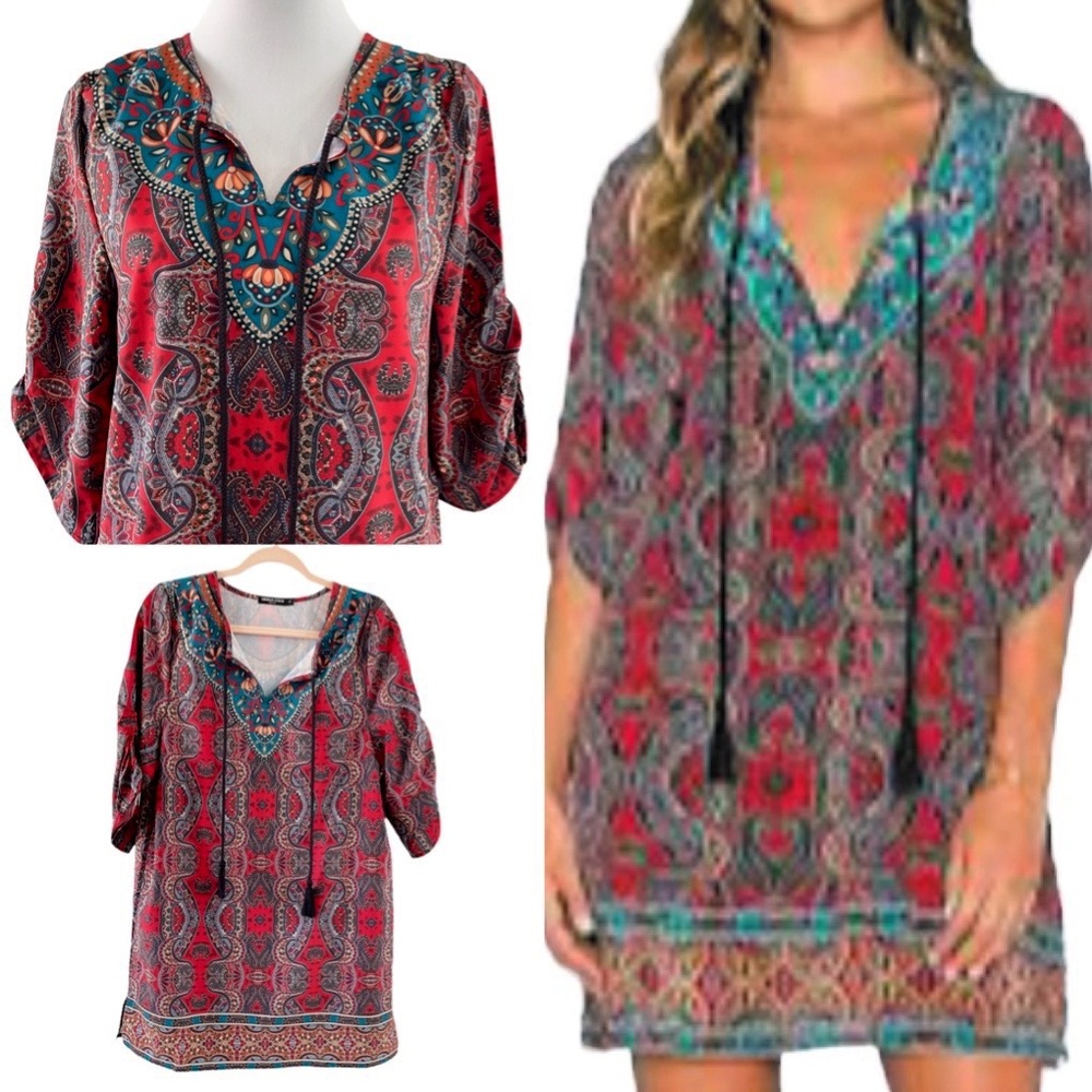 Urban CoCo Red Bohemian Ruched Elbow Sleeves Mini Shift Dress Oversized Small